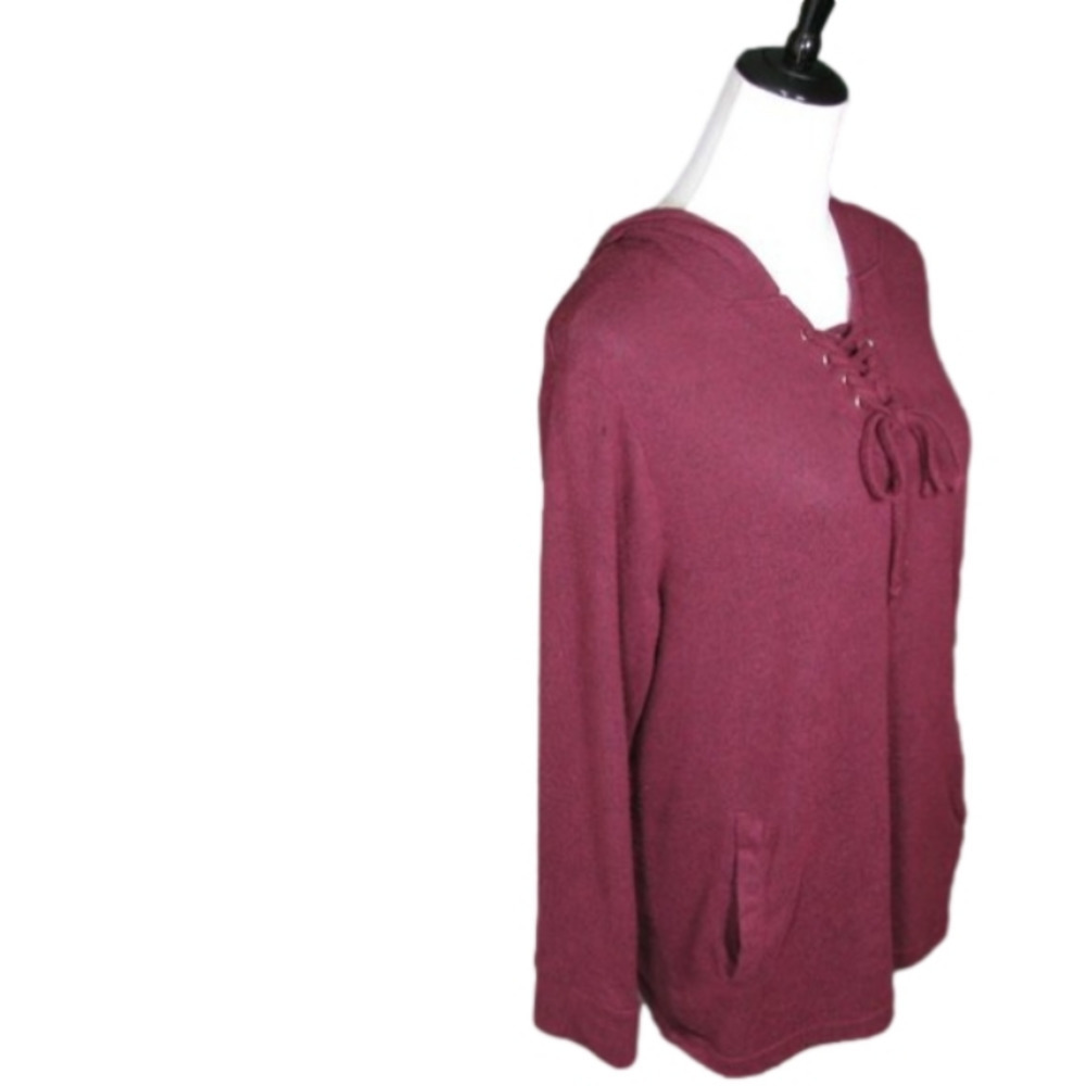 COMFORT Corner Burgandy Cozy Lace Up Neckline Hooded Top Size PS